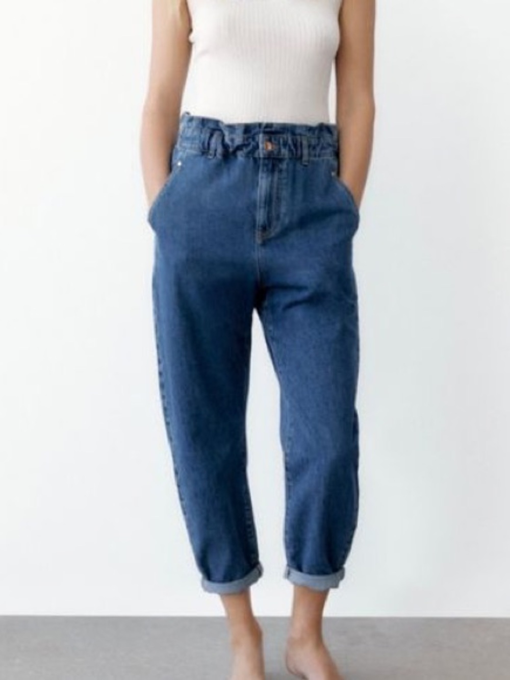 Zara Dark Blue Paperbag Waist Boyfriend Jeans